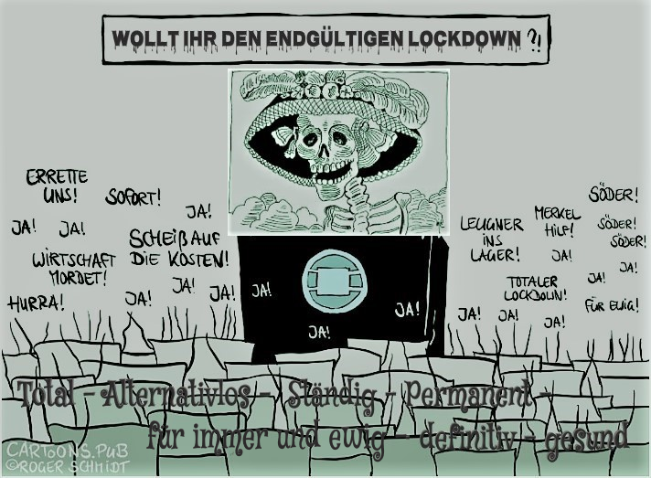 Collage Karikaturen Roger Schmidt + Mexikanische "Catrina" von Jos&eacute; Guadalupe Posada (Original: Wollt ihr den alternativlosen Lockdown)