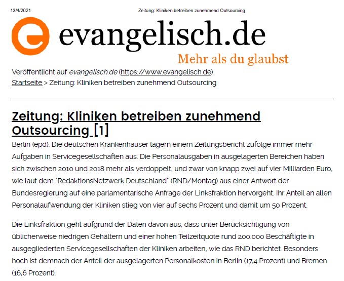Trotz Corona - Immer mehr Outsourcing in deutschen Krankenh&auml;usern