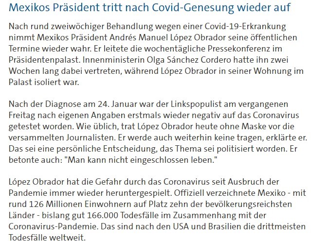 Covid 19 und Andr&eacute;s Manuel L&oacute;pez Obrador - mexikanischer Pr&auml;sident