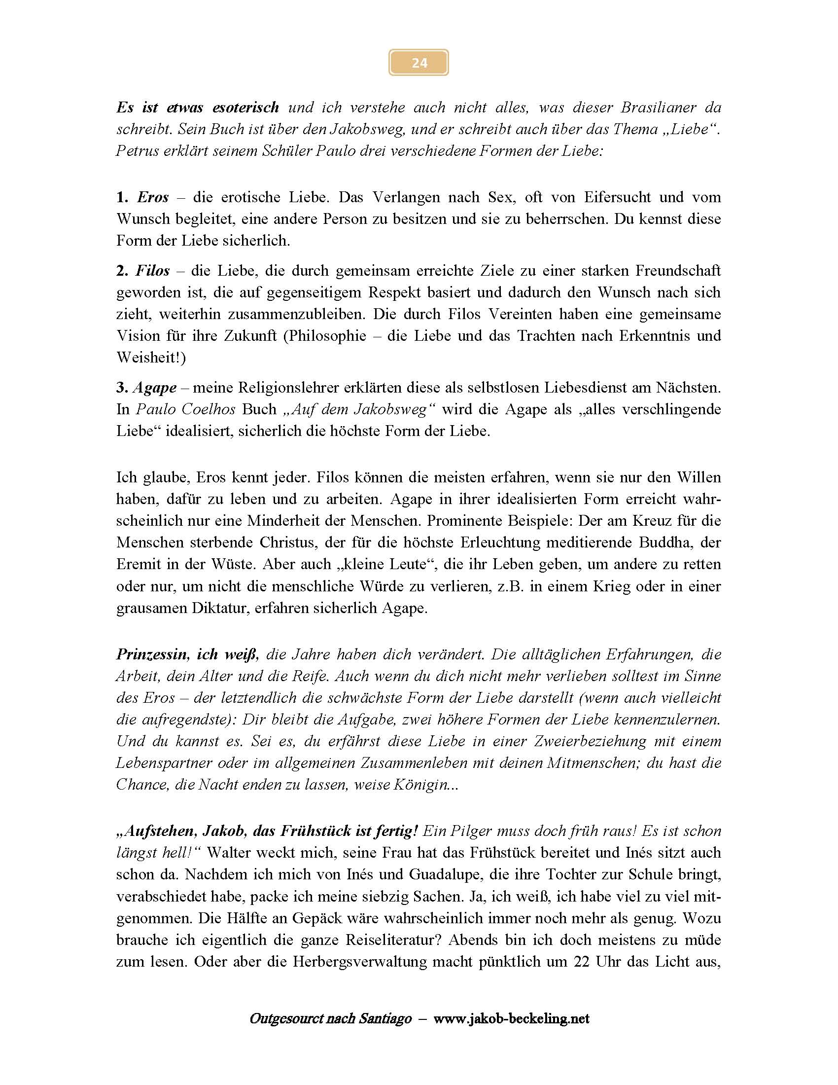 Eros, Filos und Agape bei Paulo Coelho (Auf dem Jakobsweg) -- 
www.jakob-beckeling.net